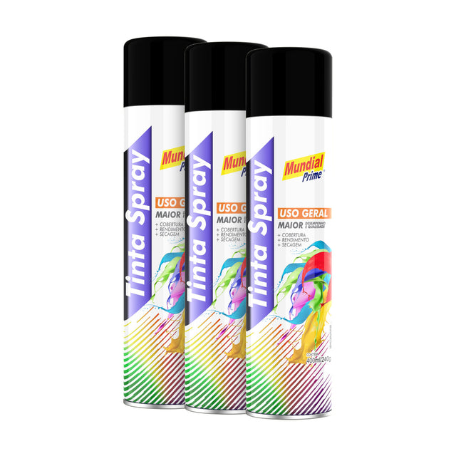 Kit 3 Tintas Spray Preto Fosco Mundial Prime 400ml