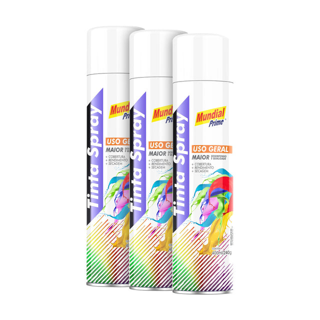 Kit 3 Tintas Spray Branco Semi Brilho Mundial Prime 400ml