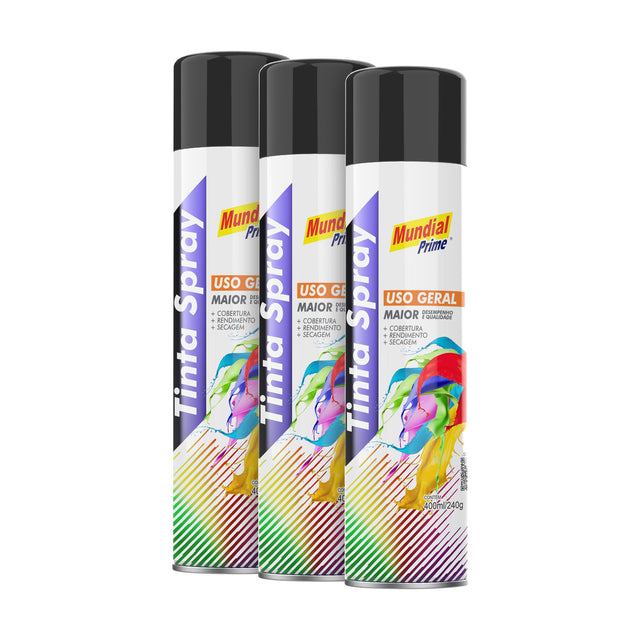 Kit 3 Tintas Spray Preto Semi Brilho Mundial Prime 400ml